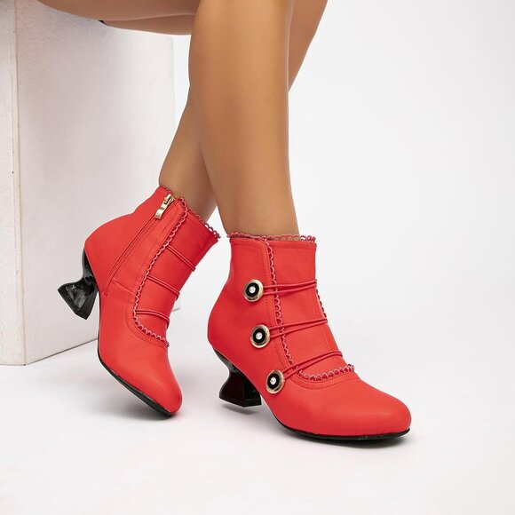 Women's Red Ankle Boots Low Heels Lace Buttons Round Toe Side Zipper - Picture 5 of 7